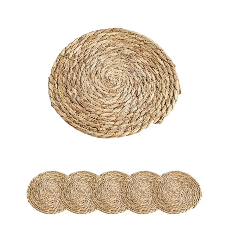 Set of 4/6 Round Woven Placemats Natural Wicker Place Mats Boho Braided Heat Resistant Table Protection Mat for Hot Pot Dishes