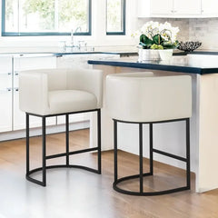 27" H Counter Height Bar Stools Set of 2, Modern Barrel Counter Stools with Backrest and Arms, Black Metal Frames