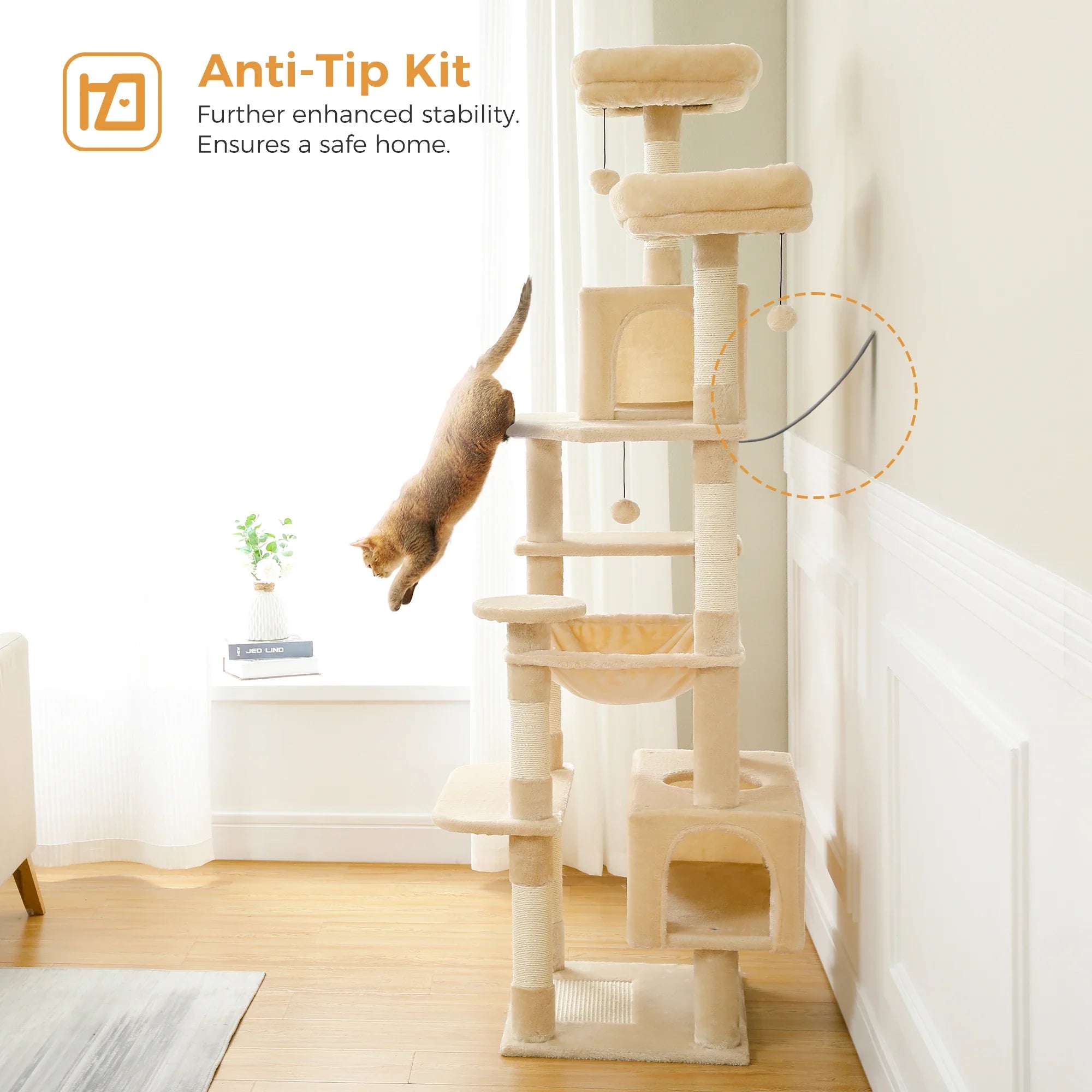 H184CM Large Cat Tower with Sisal Scratching Posts Spacious Condo Perch Stable for Kitten Multi-Level Tower Indoor Cozy Hummocks