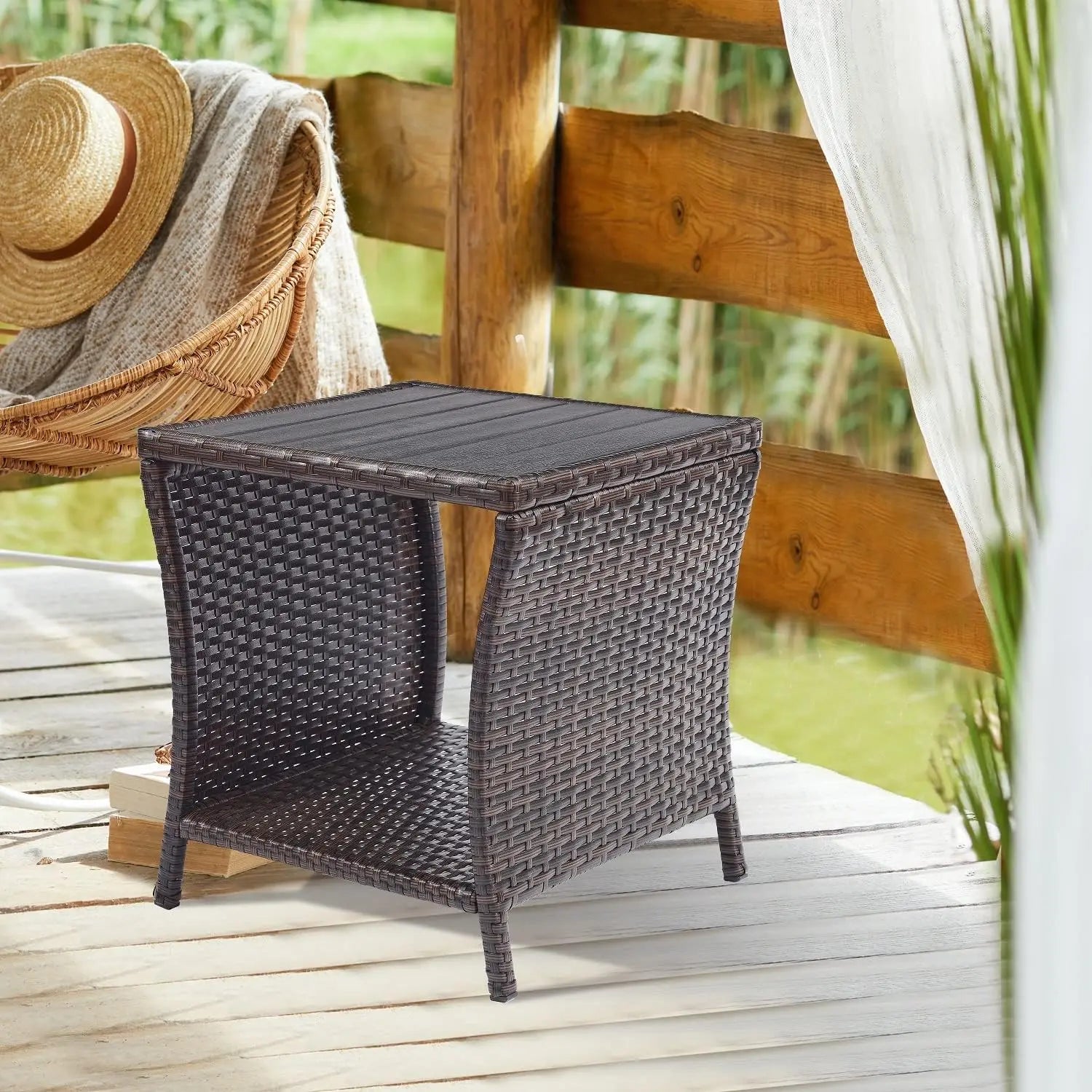 Outdoor Side Table for Patio Small Rattan Wicker Coffee Table Balcony Table