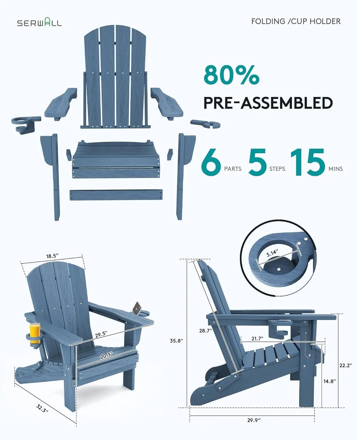 Folding Adirondack Chair, HDPE Adirondack Chairs Set of 4, Plastic Outdoor Chairs- Looks Exactly Like Real Wood- Navy