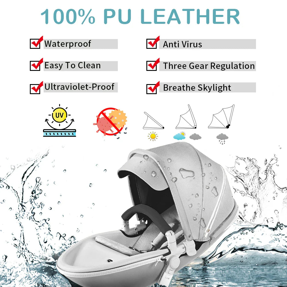 Hot Mom F023 Baby Stroller 2 in 1,Rotates 360 Degrees,PU Leather, Mosquito Net, Rain Cover, Adapter, Cup Holder, large wheels