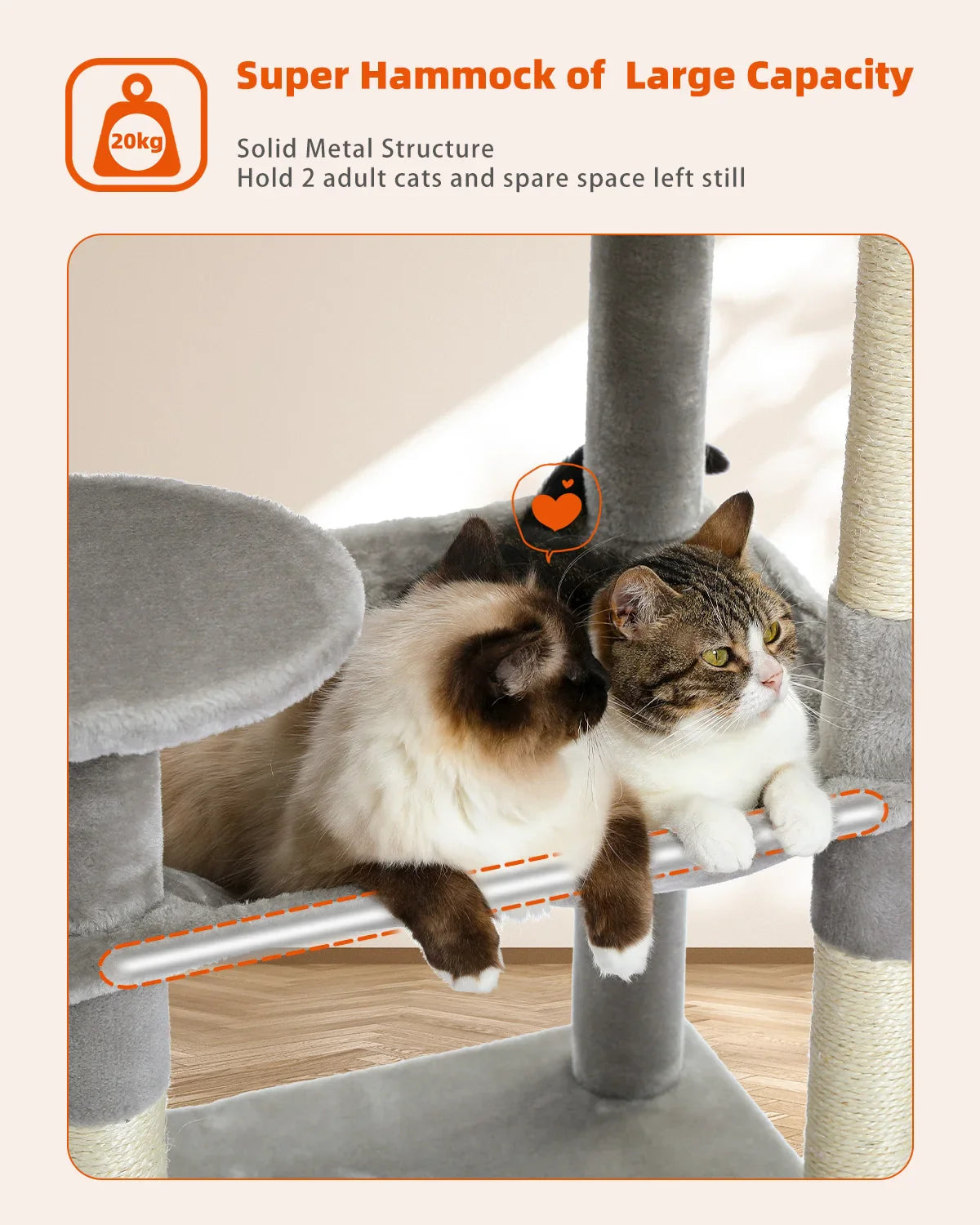 Cat Tree for Indoor Cats 5-Level Cat Tower for Large Cats with Large Hammock Sisal Covered Scratching Posts Cozy Condo Top Perch