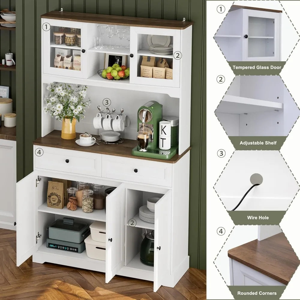 Kitchen Hutch with Buffet Cupboard, Utility Pantry Cabinet with Microwave Stand,Tall Kitchen Cabinets with Adjustable Shelves