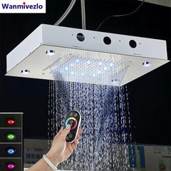 Brushed Ceiling Shower Head with LED Lights 36*50cm Large Rainfall Faucet Bathroom Tap Stainless Steel Smart Square Sprayer