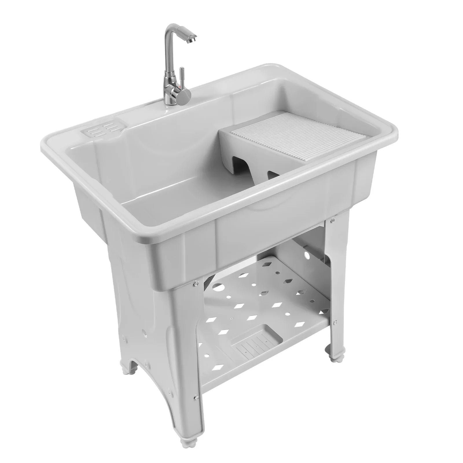 Home Laundry & Utility Sinks, Plastic Freestanding Washing Room Laundry Tub Sink with Washboard Faucet Drain Kit