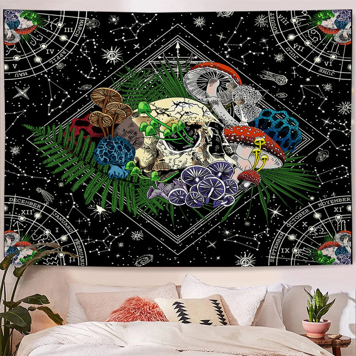 1/5pcs Large Skull Tapestry Colourful Mushroom Night Tapestry Starry Wall Hanging Carpet Aesthetic Background Tapestry Home