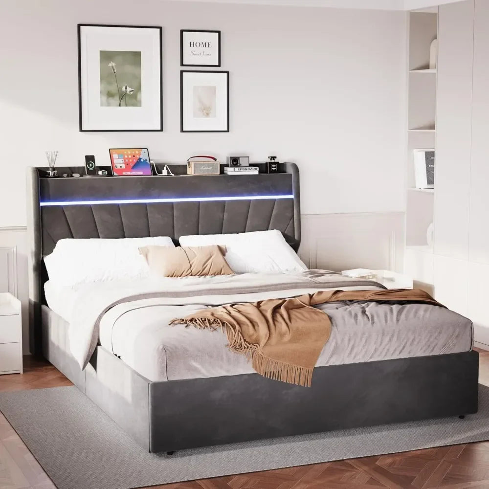 Queen Bed Frame with Headboard, Bed Frame with Type C & USB Charging Port,  Lift Up Storage Bed Frame with Led Lights