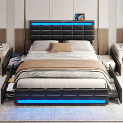 Queen Bed Frame with LED Lights Leather Platform Bed with Storage Drawers and Charging Station,with Adjustable Headboard,Black