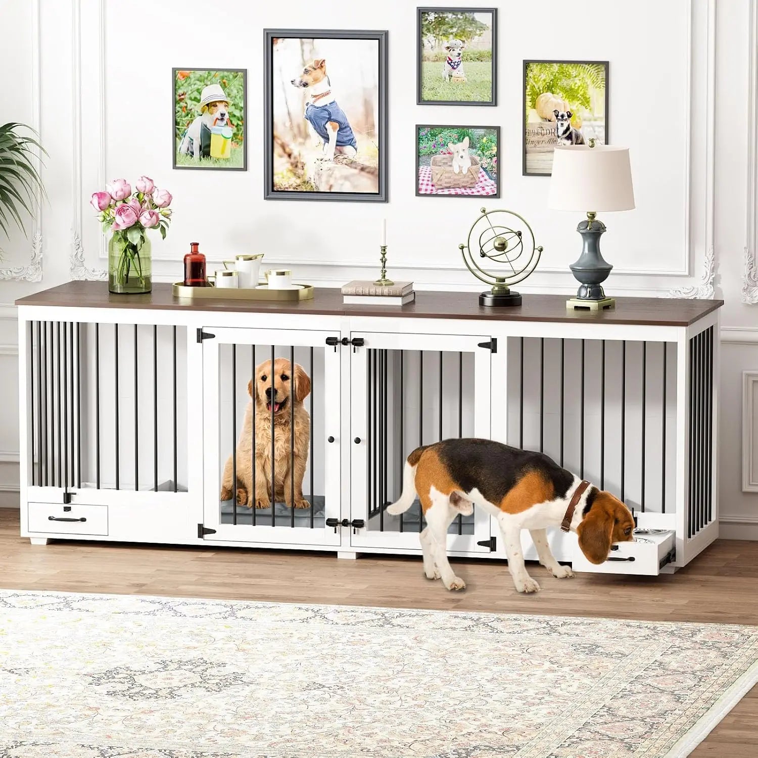 Dog Crate, Heavy Duty Kennel with Pet Bowl Drawers & Divider, Indoor Furniture Style Pet Kennel for Large Medium Dogs, Dog Crate