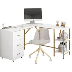 L Shaped Desk - Two-Toned Computer Desk with Drawers & Storage Shelves - Simple Modern Furniture & Home Office Space Corner Tabl