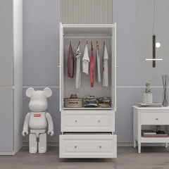 2 Door Armoire Wardrobe Closet with 2 Drawers, Armoires and Wardrobe with Hanging Rod, Wooden Armoire Wardrobe for Bedroom