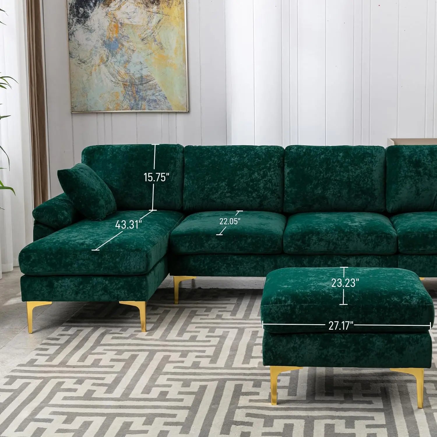 U-Shaped Sectional Sofa Couch, 4 Seat Sofa Set for Living Room, Convertible L-Shaped Velvet Couch Set with Chaise Lounge