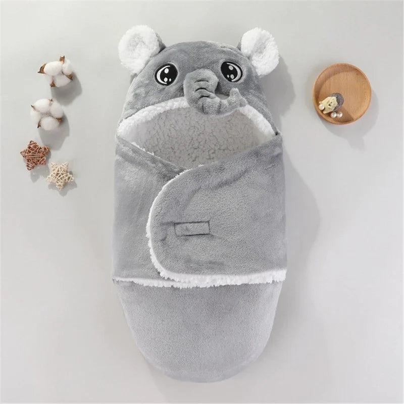 Soft Flannel Winter Warm Baby Swaddle Blanket Thicken Plush Lining Hooded Blanket for 0-6 Months Newborn Envelope Cocoon Blanket