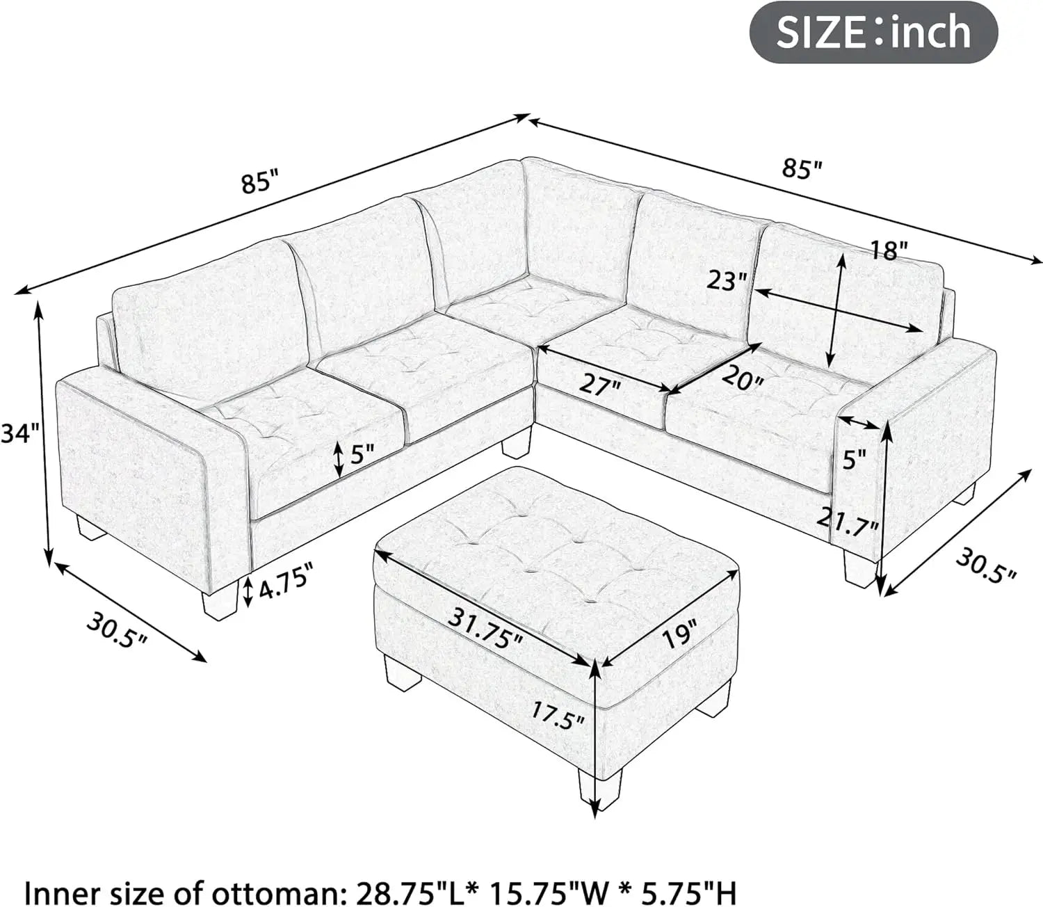 Sectional Sofa Couches with Reversible Chaise Storage Ottoman and Cup Holders, Sofa Lounge and Ottoman for Living Room Furniture