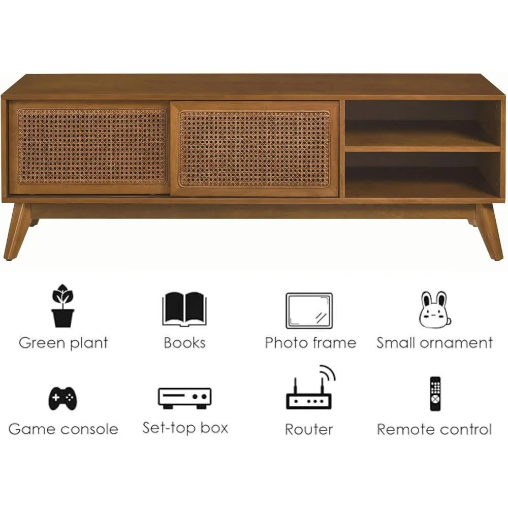 59 Inch Mid Century Modern TV Stand with Rattan Cabinet Doors