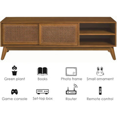 59 Inch Mid Century Modern TV Stand with Rattan Cabinet Doors