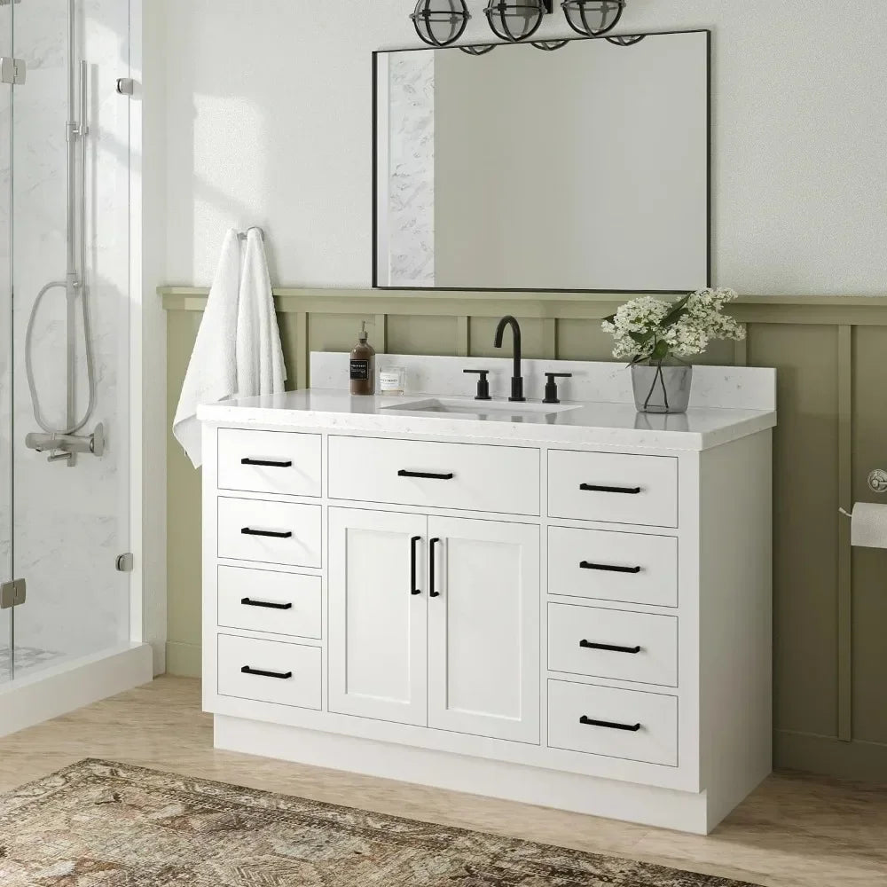 54" Bathroom Vanity with Carrara Quartz Countertop, Single Rectangular Sink, Soft Closing Doors & Drawers