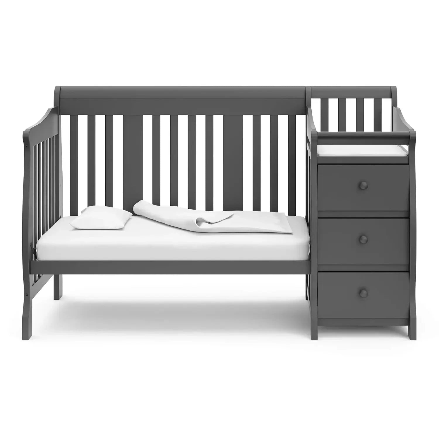 Storkcraft Portofino 5-in-1 Convertible Crib and Changer (White) – Changing-Table Combo with Drawer, Converts to Toddler Bed,