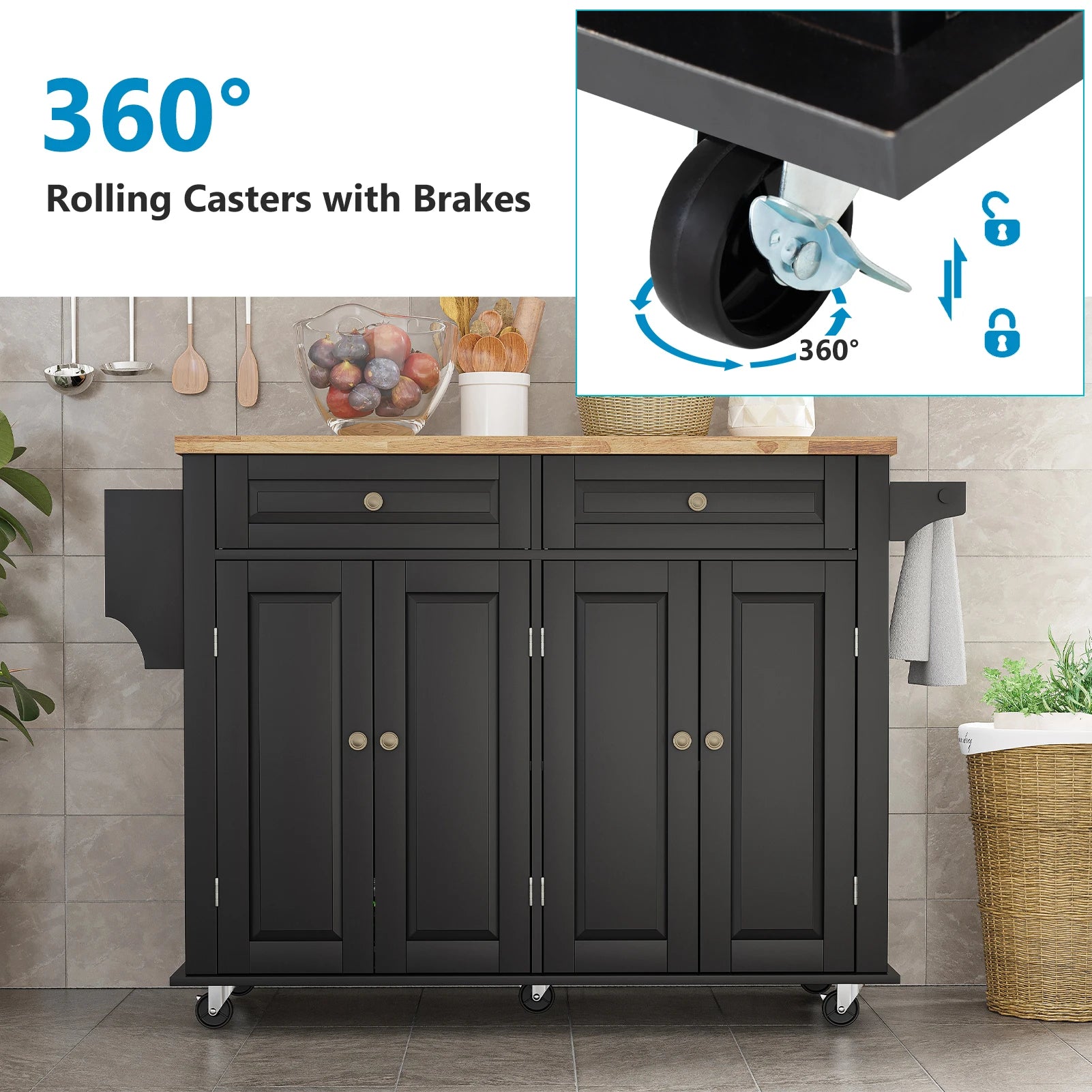 Rolling Kitchen Cart with Drop Leaf,  Mobile Kitchen Island Table on Wheels with Drawer and Storage Cabinet, Rubber Wood Top