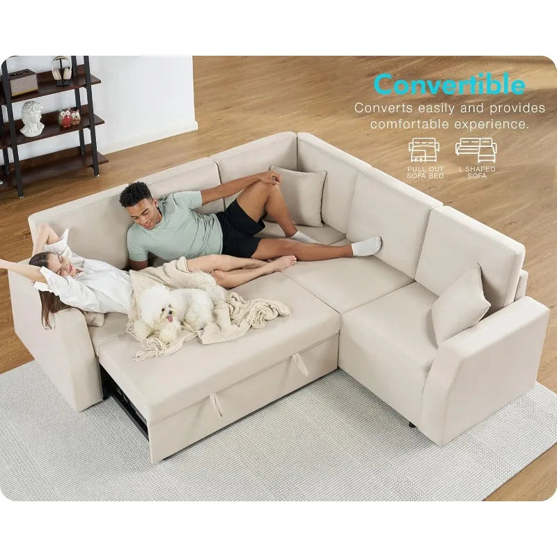 VanAcc Sofa Bed, 85 Inch Sleeper Couch with Storage Seat, L Shaped Sofa with Pull Out Sofa Bed, Sectional Couches