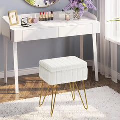 Vanity Stool Chair Faux Fur with Storage,Soft Ottoman 4 Metal Legs with Anti-Slip Feet,Furry Padded Seat,Modern Multifunctional