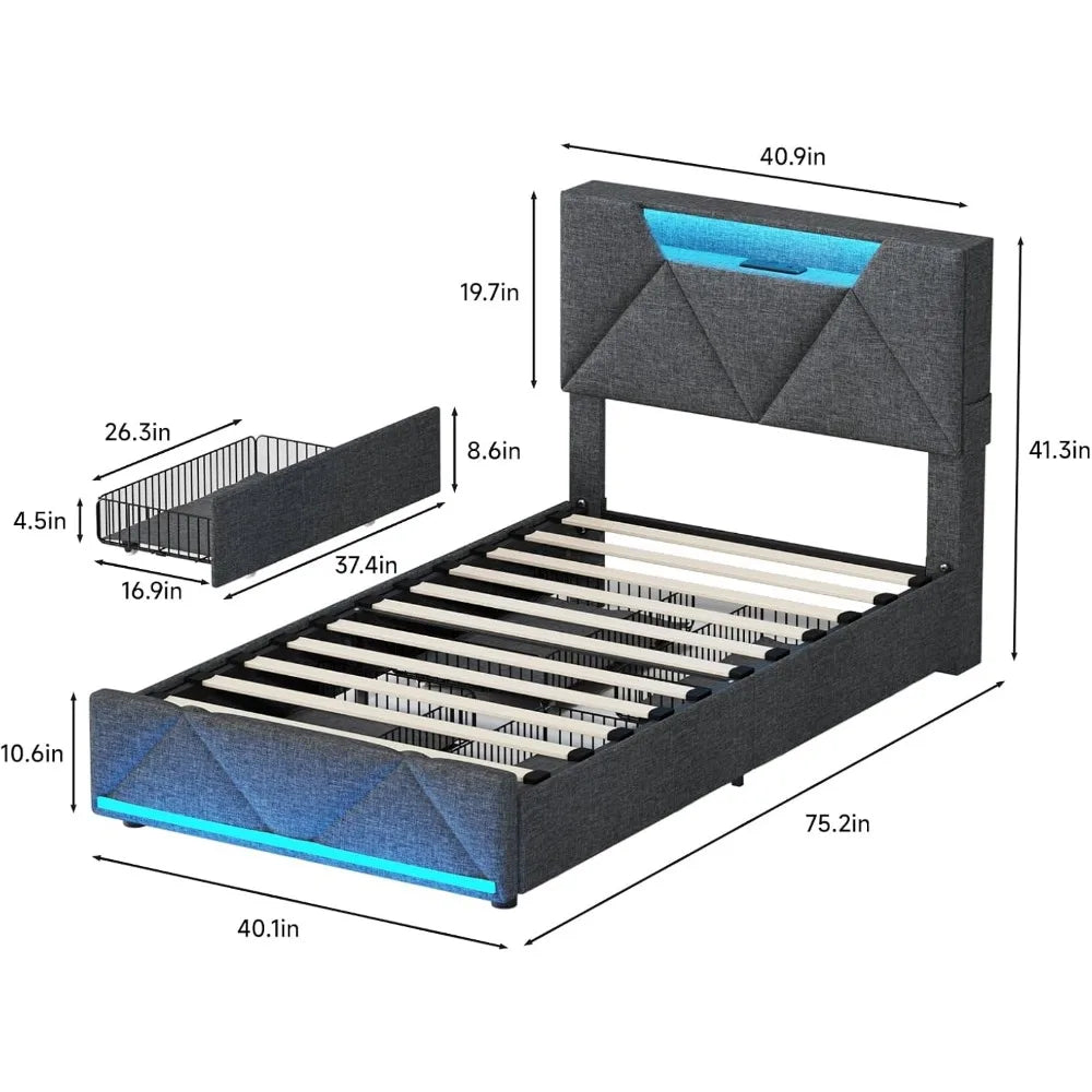 Queen Bed Frame with Storage Headboard and 4 Drawers,Upholstered Platform with Charging Station and Led Adjustable Headboard