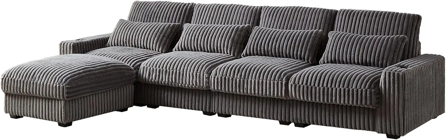 128'' L Shaped Modular Sectional Sofa, Oversized Corduroy Couch with Cup Holders and Charging Port, 4-Seater Sofa with Ottoman