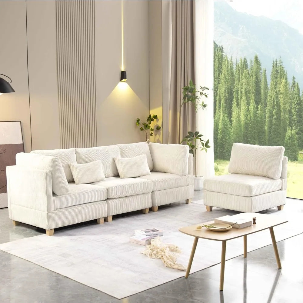 L Shaped Convertible Modular Sectional Sofa with Movable Ottoman, Free Combination Corduroy Upholstered Corner Couch with Legs