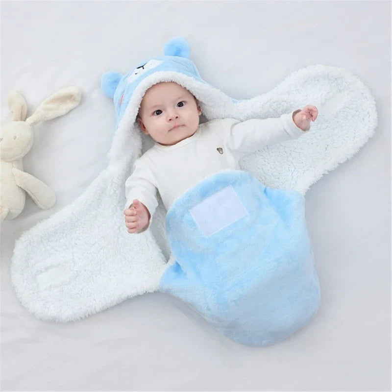 Soft Flannel Winter Warm Baby Swaddle Blanket Thicken Plush Lining Hooded Blanket for 0-6 Months Newborn Envelope Cocoon Blanket