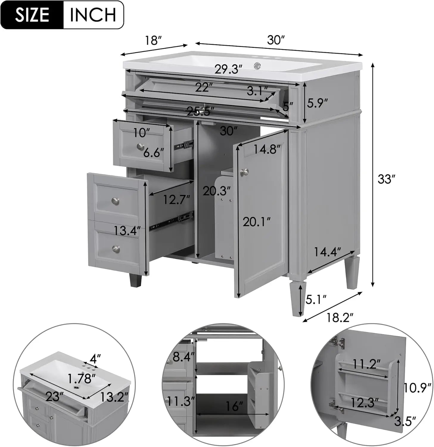 bathroom organizers, Bathroom Vanity with Sink, Modern Bathroom Cabinet with Drawers and Tip Out Drawer, Freestanding Bathroom V