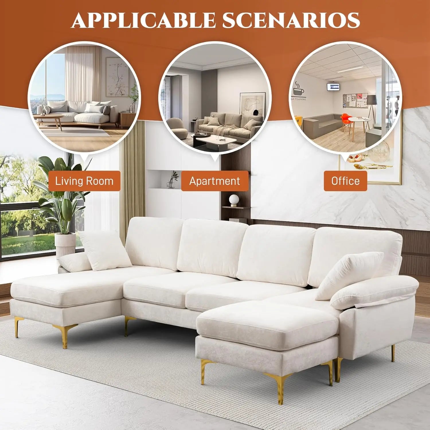 U-Shaped Sectional Sofa Couch, 4 Seat Sofa Set for Living Room, Convertible L-Shaped Velvet Couch Set with Chaise Lounge