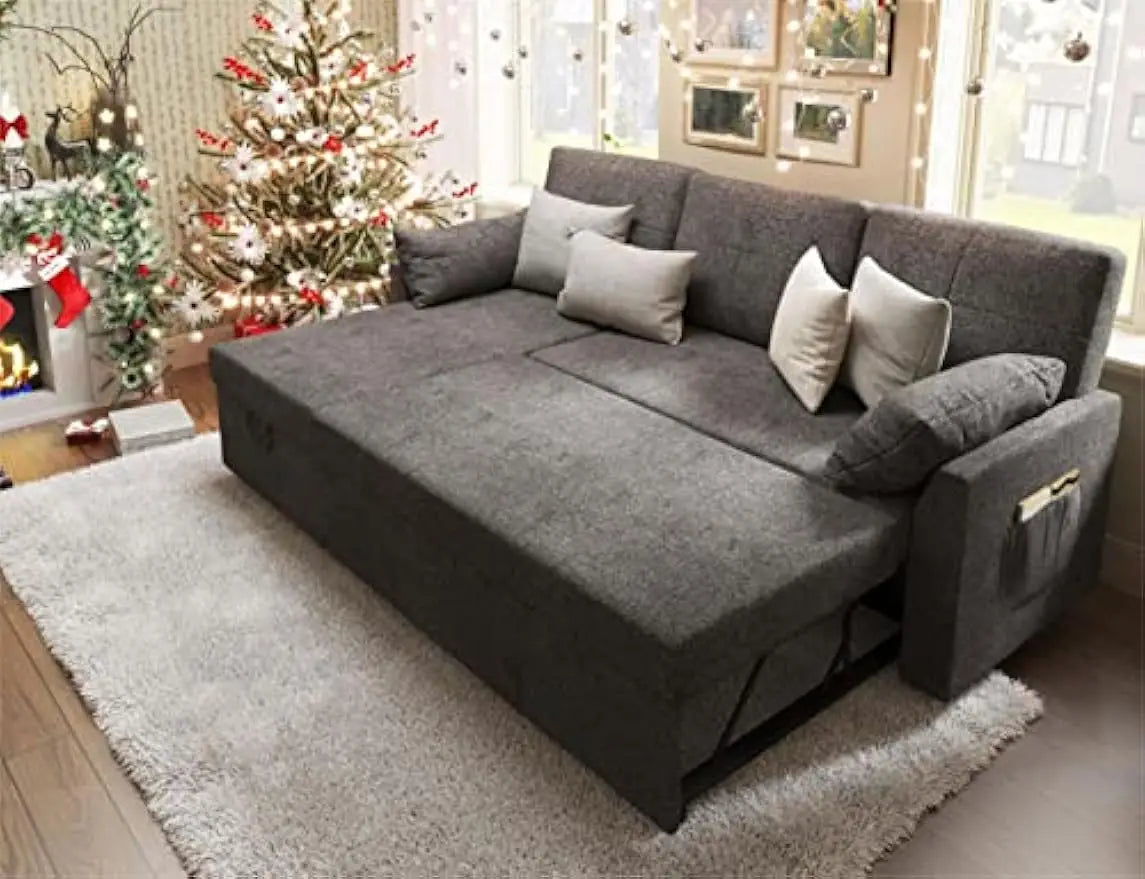 Sofa Bed, 2 in 1 Pull Out Couch Bed with Storage Chaise for Living Room, Sofa Sleeper with Pull Out Bed, Gray Chenille Couch