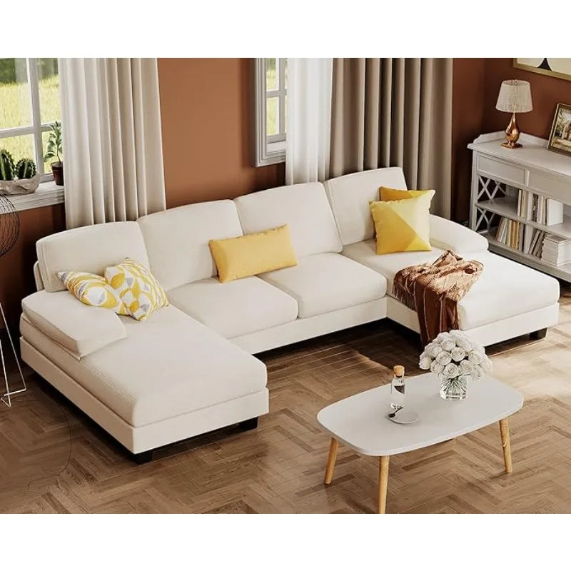 Convertible Sectional Sofa Couch, 4 Seat Sofa Set U-Shaped Modern Fabric Modular Sofa Sleeper with Double Chaise & Memory Foam