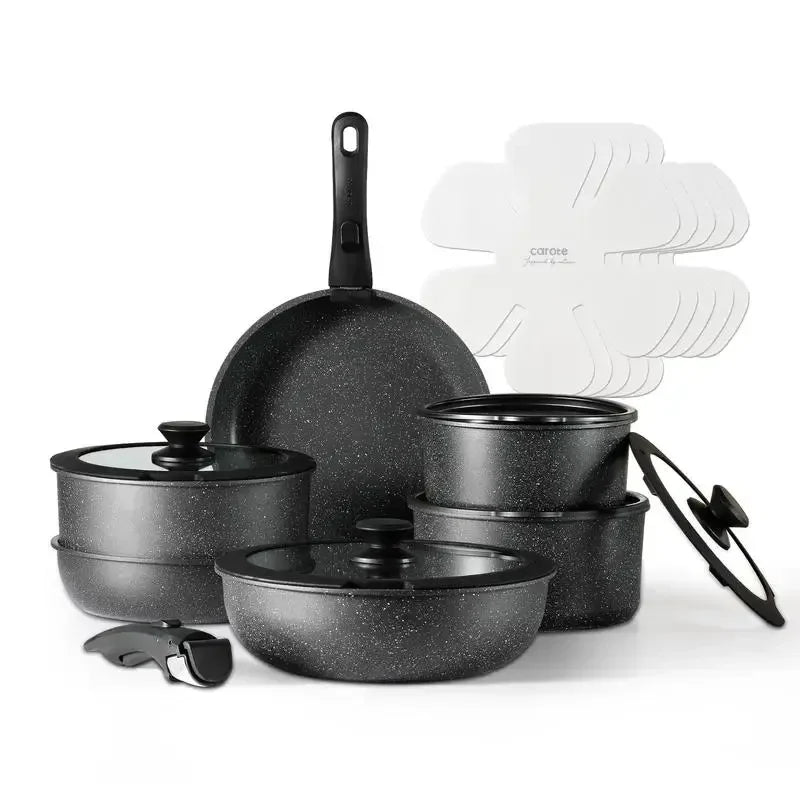 CAROTE 11pcs/18pcs Black Removable Handle Pots Pans Set, Induction Kitchen, Oven Safe Sets Non Stick, Detachable Cookware set