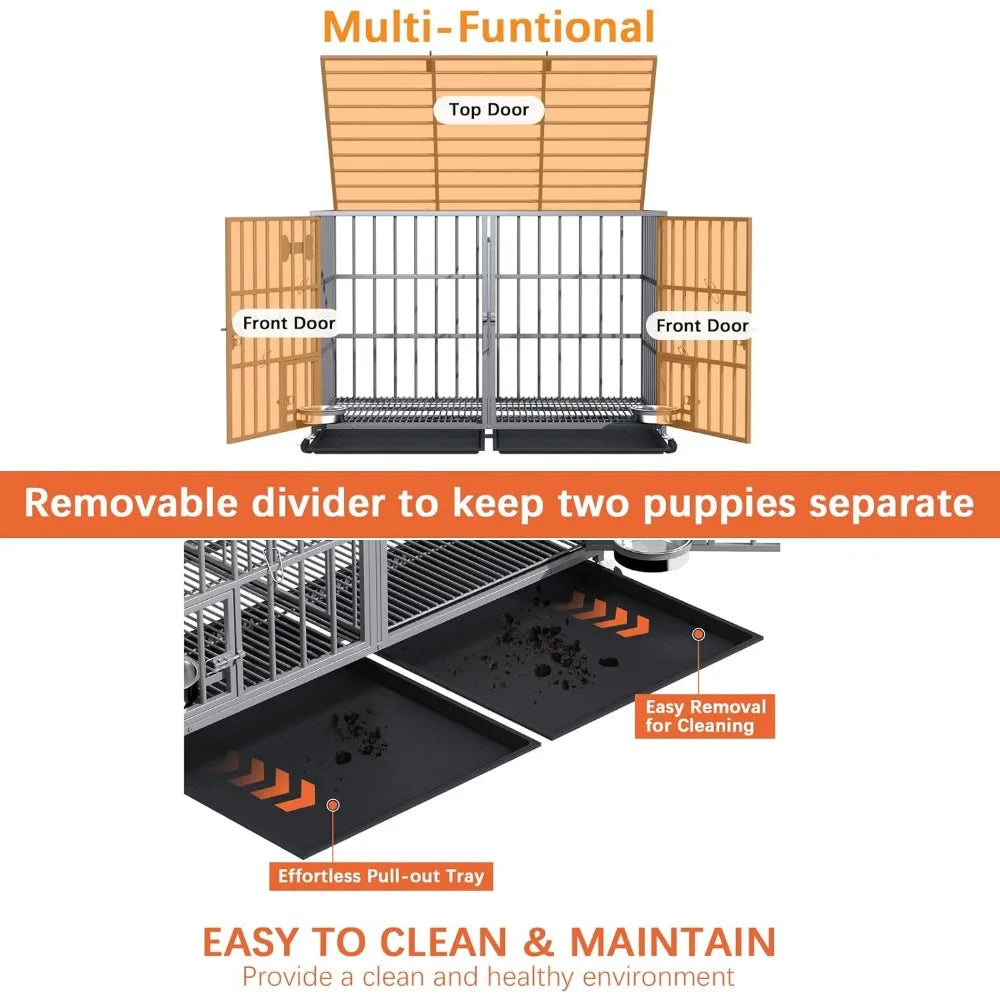 42 Inch Heavy Duty Metal Dog Crate for 2 Large Dog,All Metal Open Top Stackable,Dog Kennel Indoor with Divider and Feeding Bowl