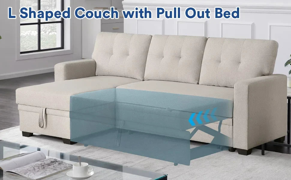 L Shaped Chaise Couch with Storage and Pull Out Bed Multifunctional Comfy Sectional Sleeper Sofa, Beige