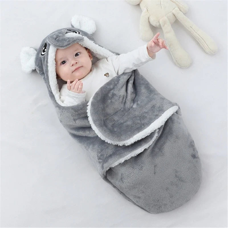 Soft Flannel Winter Warm Baby Swaddle Blanket Thicken Plush Lining Hooded Blanket for 0-6 Months Newborn Envelope Cocoon Blanket