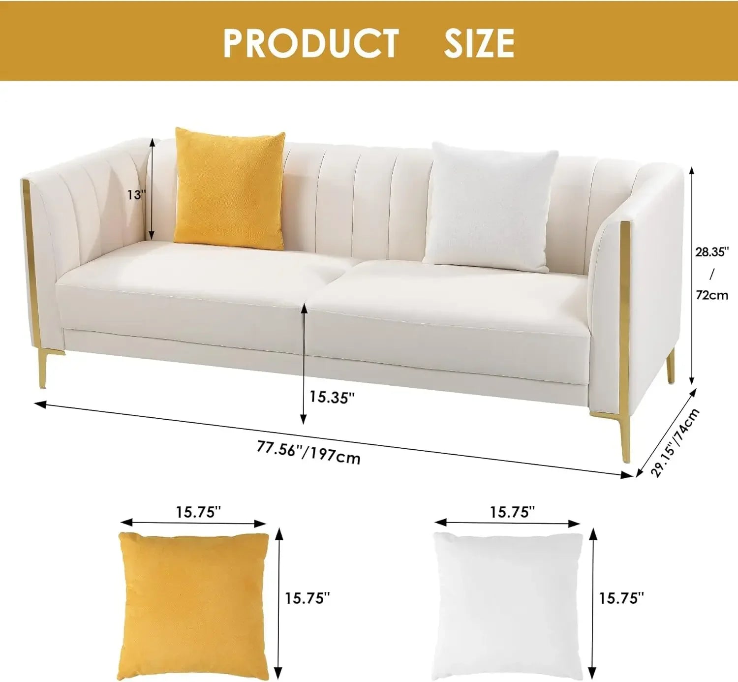 78'' Sofa, Modern White Couches for Living Room, Comfy, Faux Leather Sofa 3 Seater Sofa with 2 Throw Pillows and Gold Metal Legs