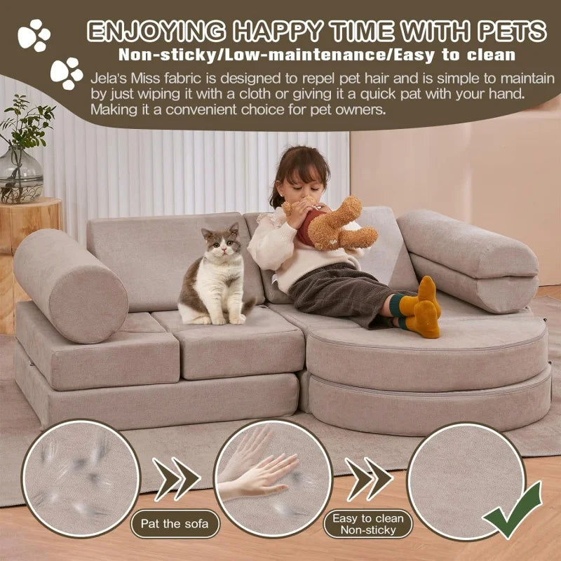 Kids Couch 14PCS Luxury, Floor Furniture for Adults, Playhouse Play Set for Toddlers Babies, Foam Modular Sectional Sofa (Taupe,