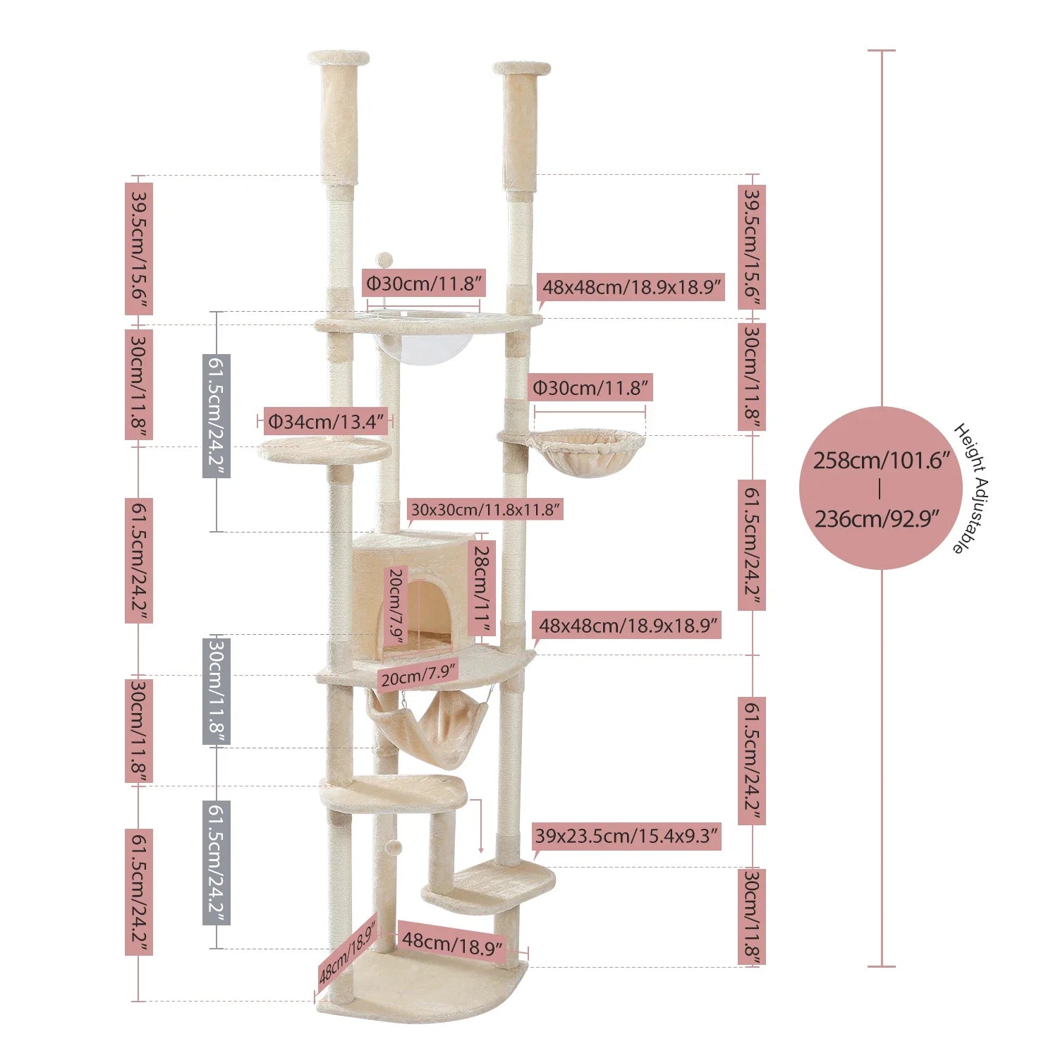 Modern Adjustable Cat Tree Tower 236-258cm Tall Climbing Cat House with Scratch Posts Perches Condo Hammock for Indoor Kittens