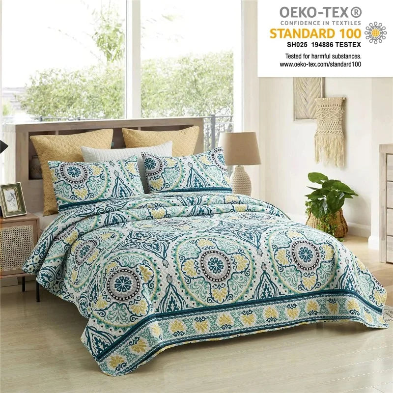 3-Piece Quilt Set with 2 Pillow Shams- Boho Reversible Soft and Lightweight Quilt Bedding Bedspread Coverlet Set