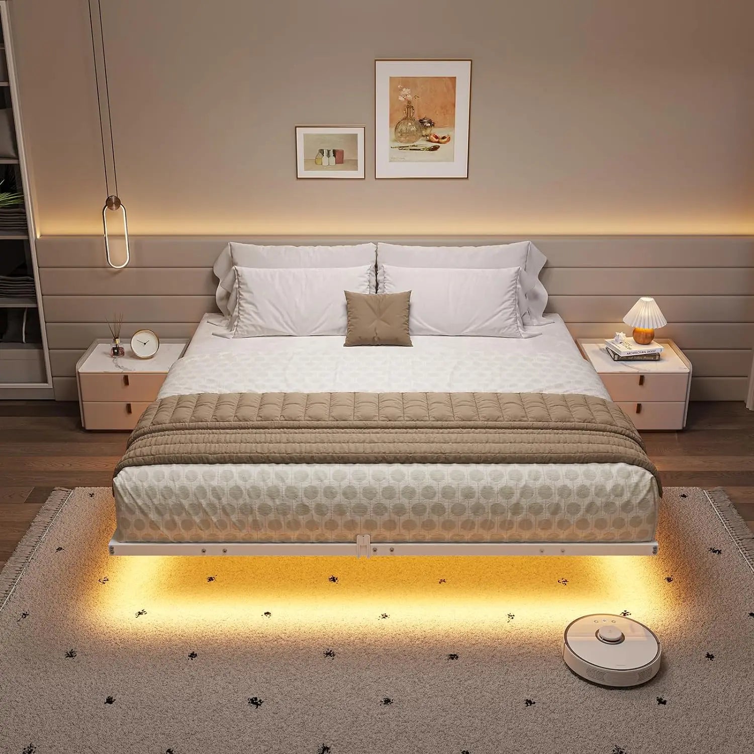 Floating Bed Frame Queen Size with LED Lights Metal Platform Queen Bed No Box Spring Needed Easy To Assemble Sturdy Durable