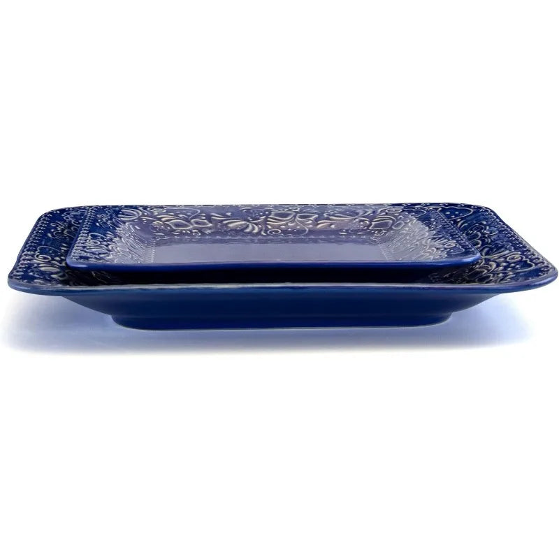 Contemporary Square Embossed Stoneware Dinnerware Dish Set, 16 Piece, Indigo Blue