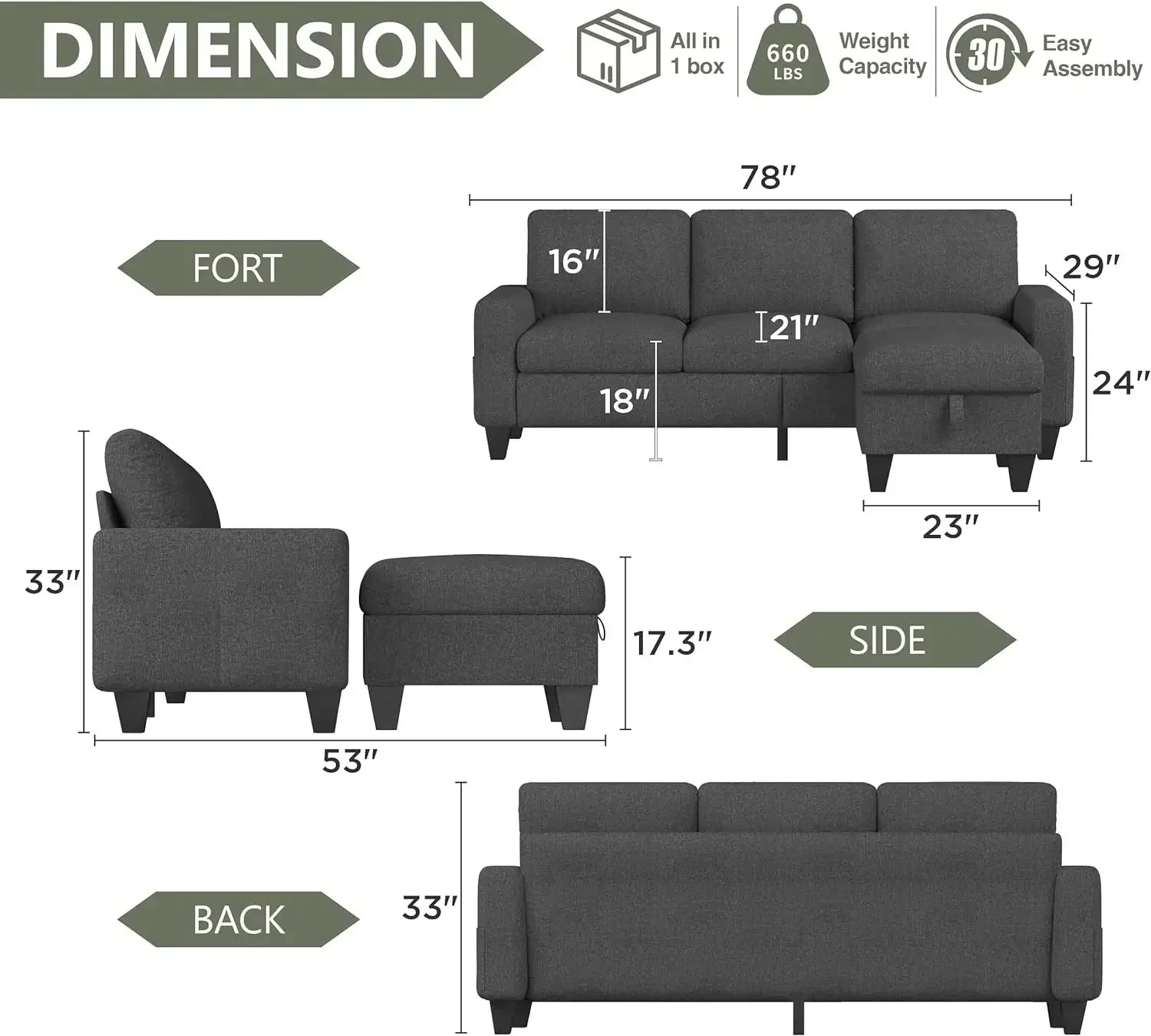 Convertible Sectional Sofa L-Shaped Couch， Reversible Chaise, 3-Seat Modern Linen Sectional Couches for Living Room