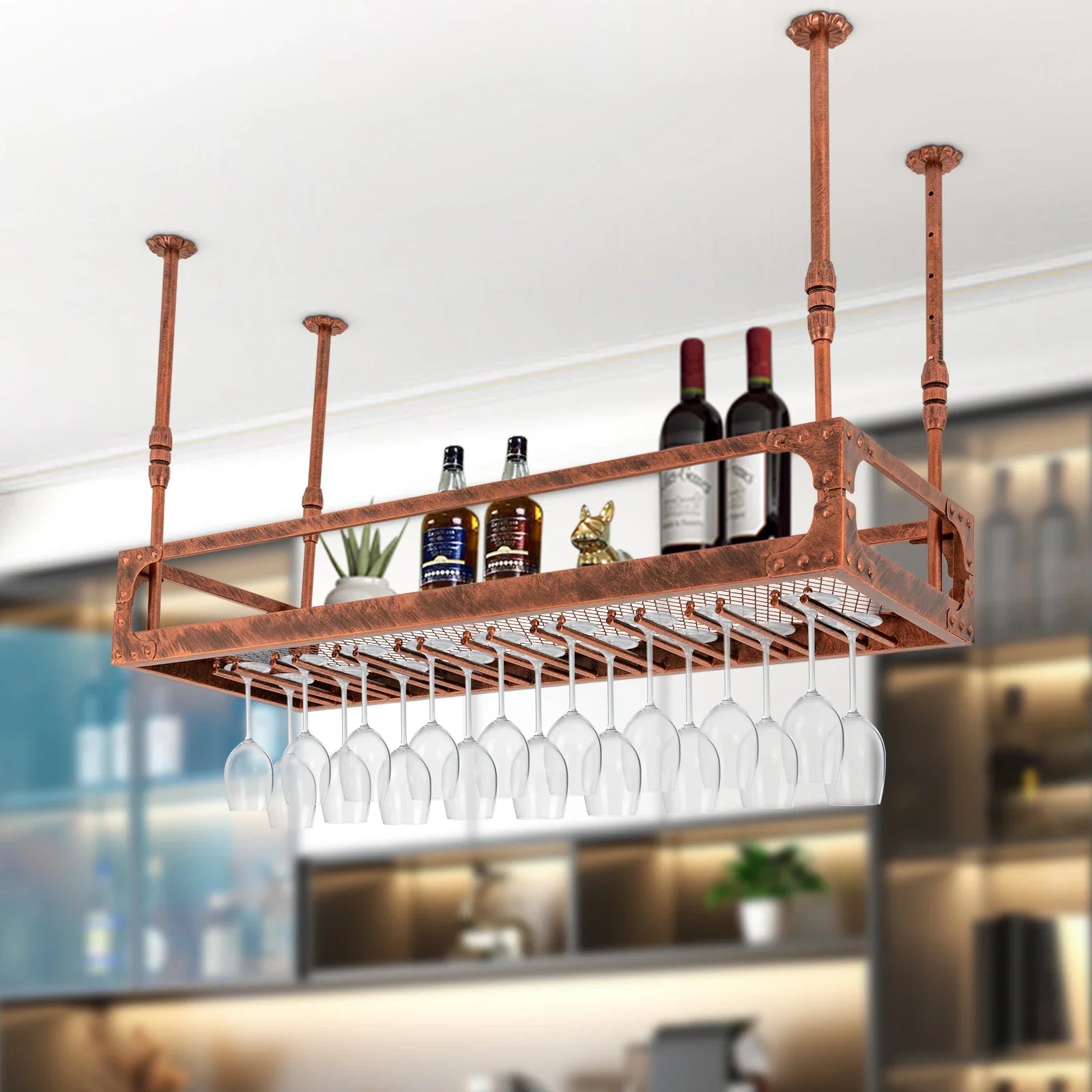 100cm Wine Bottle Holder Champagne Glass Rack Wine Organizer Vintage Ceiling Mounted Bar Floating Shelf