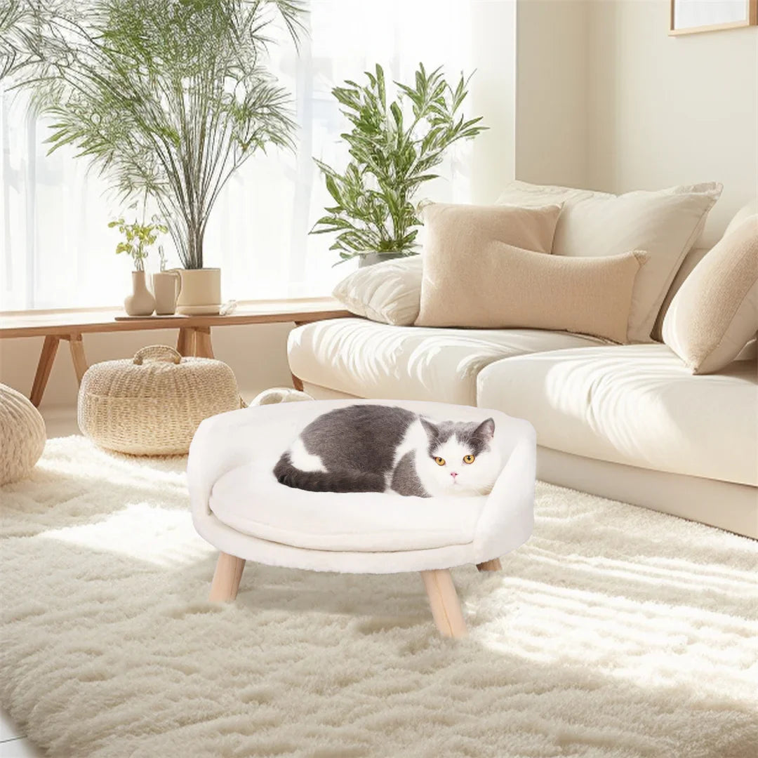 Luxury Cat Bed Soft Warm Plush Fabric Pet Nesting Chair Bed Stool Wood Legs with Cushion Pad Washable Waterproof for Small Pets