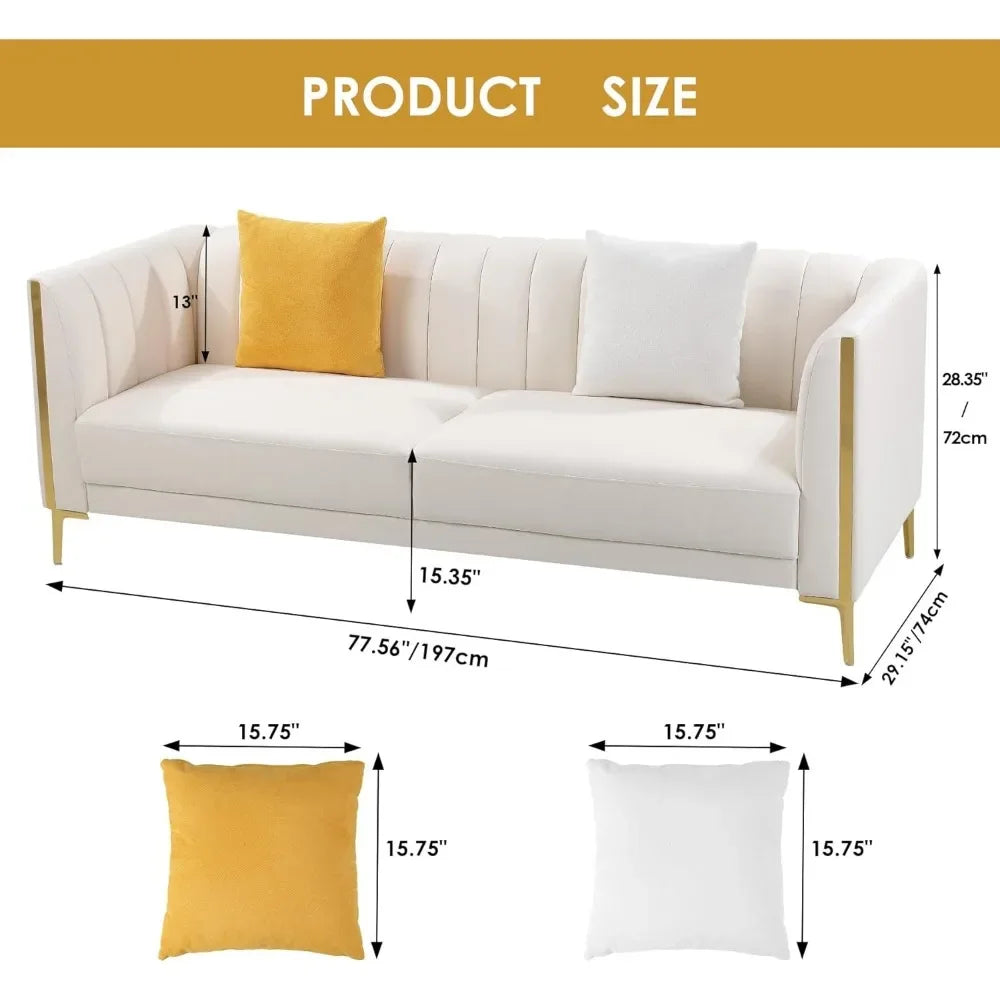 78'' Sofa, Modern White Couches for Living Room, Comfy, Faux Leather Sofa 3 Seater Sofa with 2 Throw Pillows and Gold Metal Legs