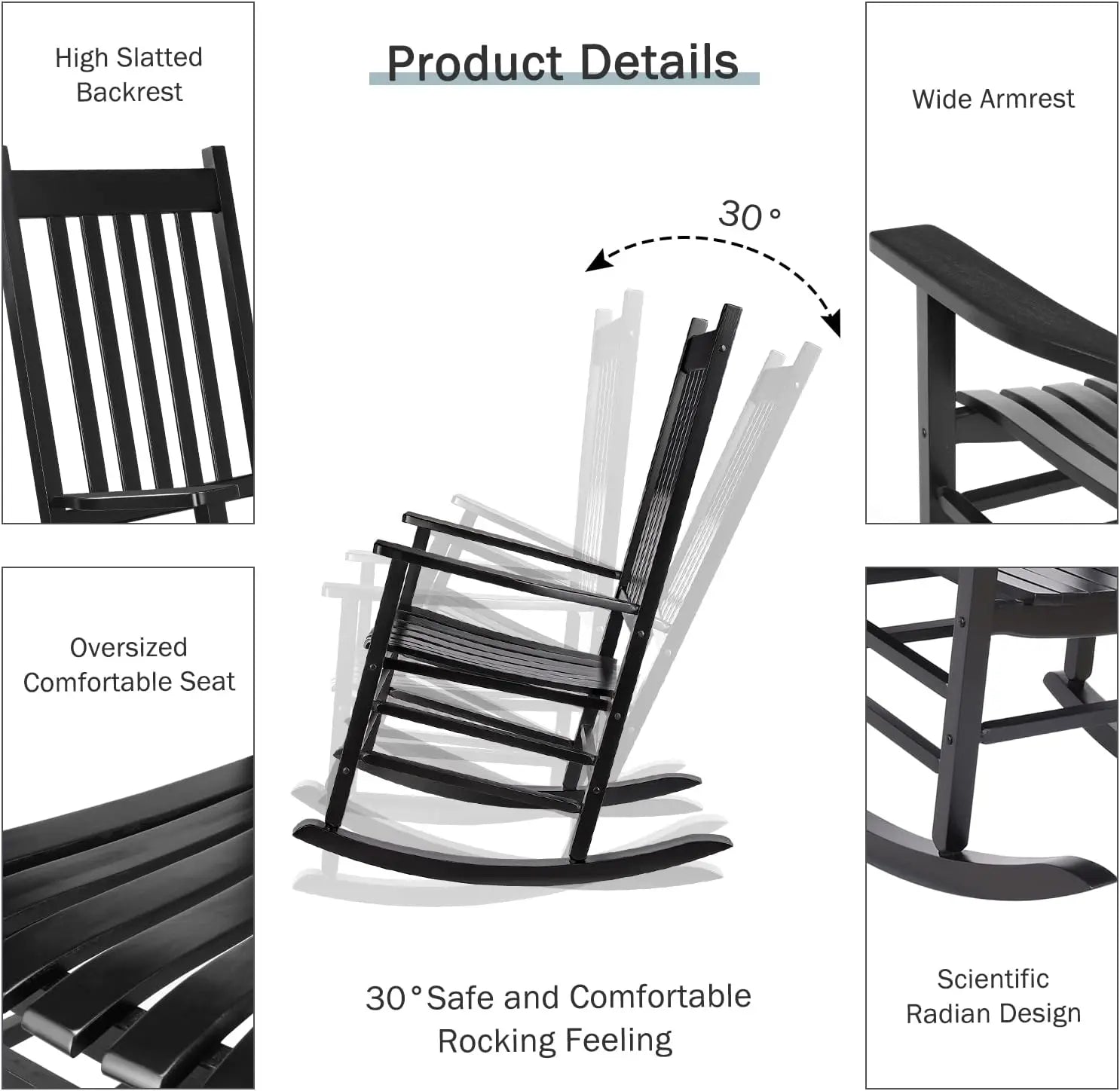 Wooden Patio Rocking Chair with High Back for Outdoor Indoor Garden Balcony,Porch Rocker