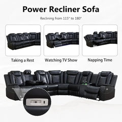 recliner，Leather Power Recliner Sectional Sofa with LED, Power Reclining Sectional Couch, Breathing Leather Sofa Couch